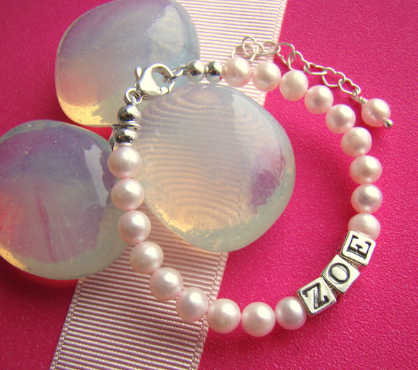 Pink Freshwater Cultured Pearls Baby Girl Name Bracelet