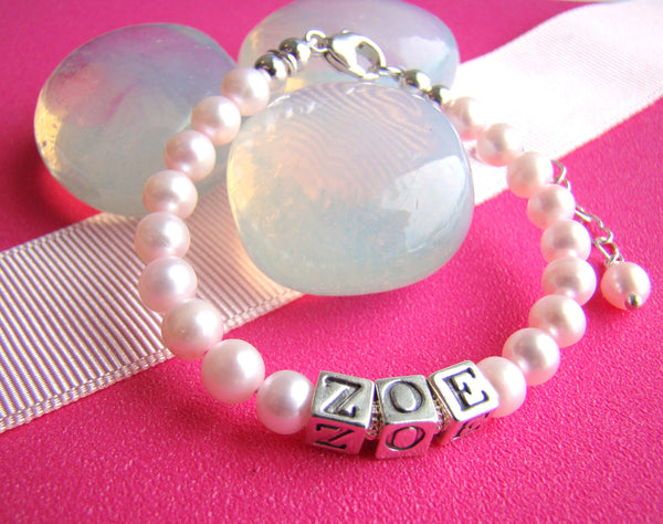 perfect pink freshwater round pearls girls name bracelet
