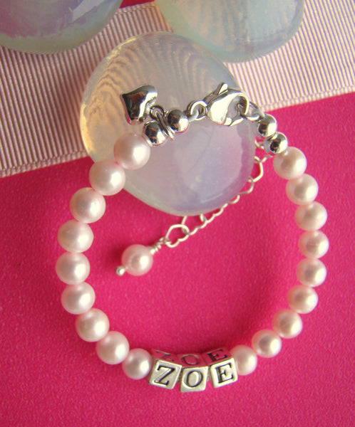 Sterling Silver Pink Pearls Baby Heart Charm Bracelet