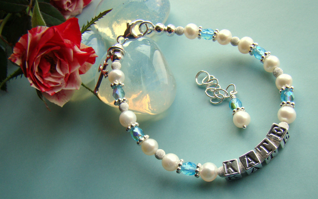 March Aquamarine White Pearls Religious First Communion Baptism Name Birthstone Bracelet 