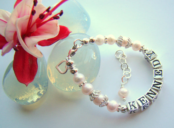 Soft Pink Pearls Heart Charm Baby Child Name Personalized Bracelet