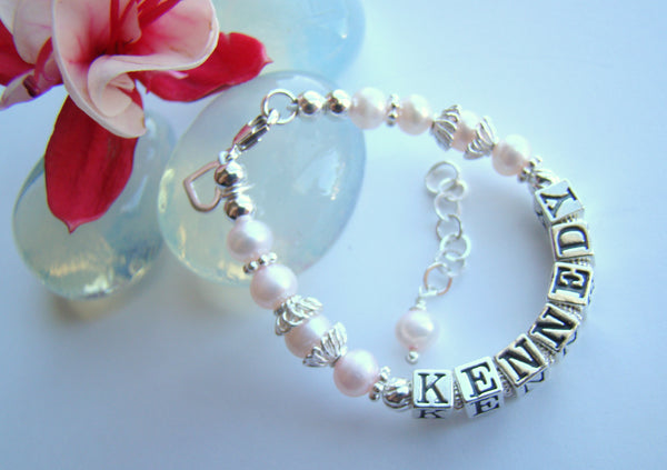 Sterling Silver Pink Pearls Girls Custom Name Bracelet