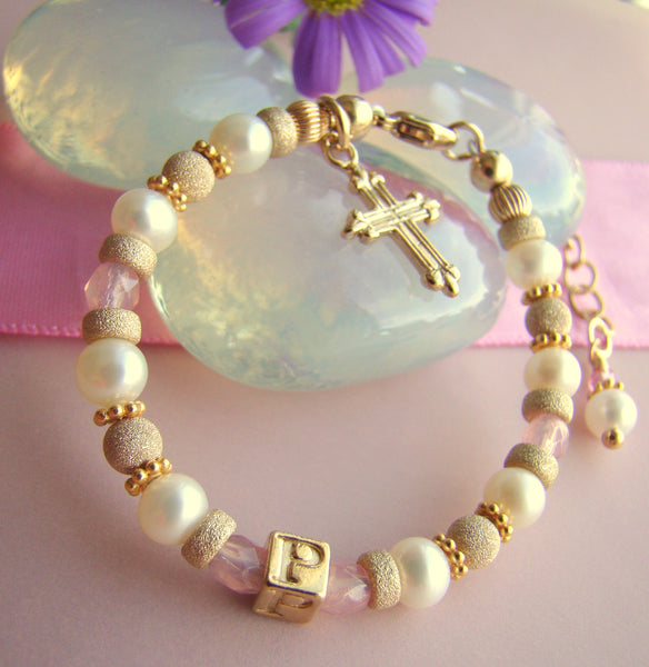 Gold Filled Pearl and October Rose Birthstone Personalized Monogram Initial Baby Girl Cross Charm Bracelet