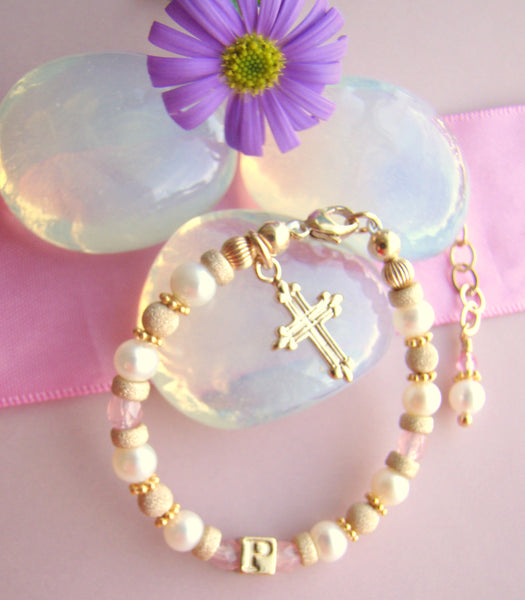 All Gold Filled Pearl Birthstone Baptism Religious Initial Monogram Bracelet