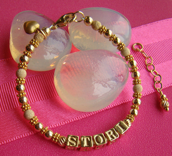 All Gold Filled Satin and Stardust Beaded Baby Name Bracelet Puffed Heart Charm