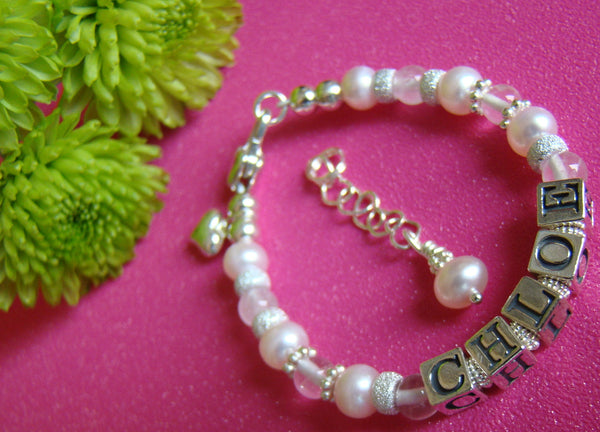 Sparkling Stardust Pink Pearl Rose Quartz Gemstone Custom Name Bracelet