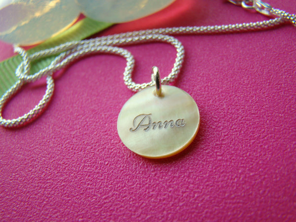 Mother of Pearl Shell Pendant Sterling Silver Personalized Name Necklaced Engraved