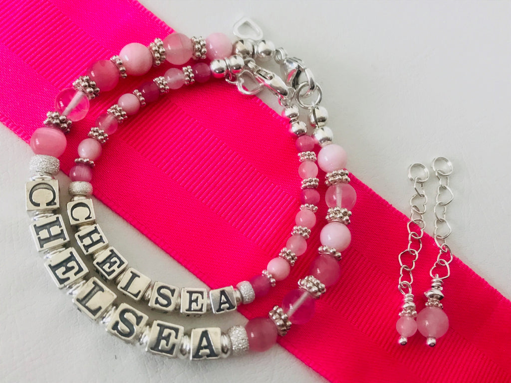 Mom and Daughter Soft Pink Gems Personalized Name Bracelets