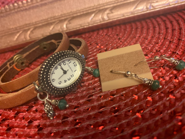 Genuine Emerald Gemstone and Brown Leather Three Strand Ladies Watch & Matching Sterling Silver Emerald Earrings