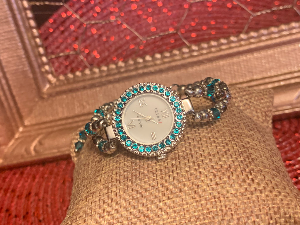 Sterling Silver December Birthstone Ladies Watch Swarovski Crystals Turquoise Crystals Size 6.0 XSmall