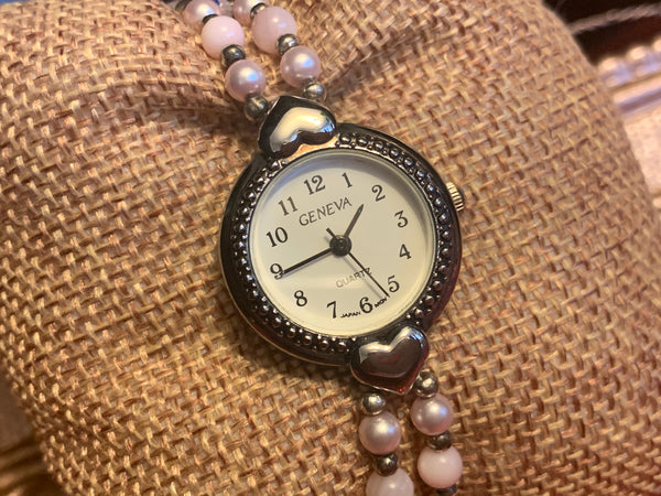 Pink Pearl and Mother of Pearl Heart Accented Ladies 7.0" Average Size Beaded Watch