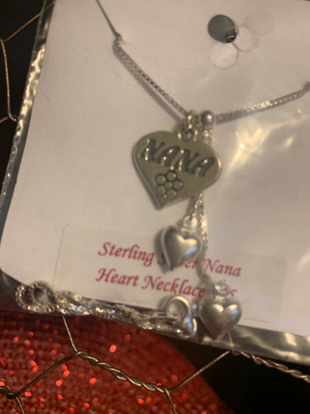 Sterling Silver Puffed Hearts with Nana Pendant Lariat 18 Inch Necklace
