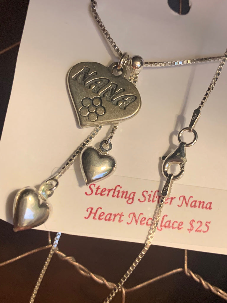 Sterling Silver Puffed Hearts with Nana Pendant Lariat 18 Inch Necklace