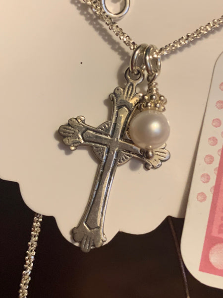 Sterling Silver 18" Necklace and 30mm Cross Pendant and Freshwater Pearl