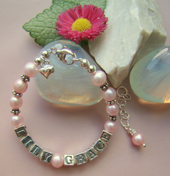 Pink Freshwater Pearls Baby Child Girls Personalized Name Bracelet 