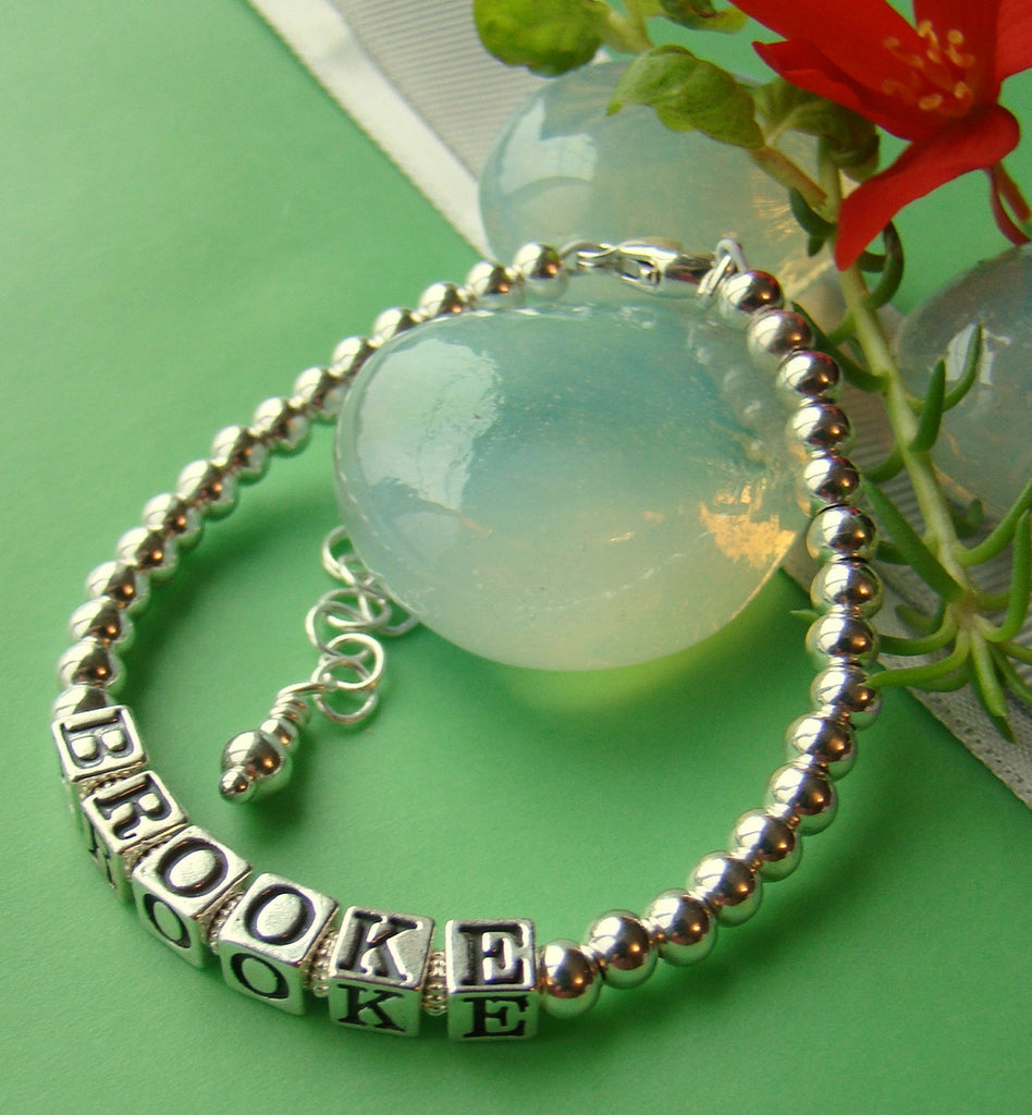 Classic All Sterling Silver Beaded Personalized Custom Name Bracelet Boy or Girl