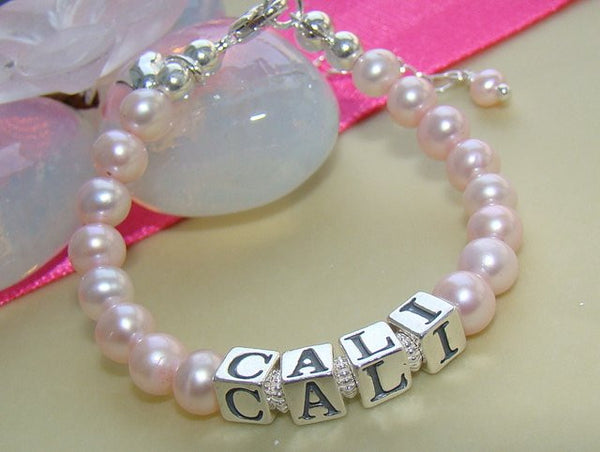 Classic Freshwater Pink Pearl Sterling Silver Name Bracelet