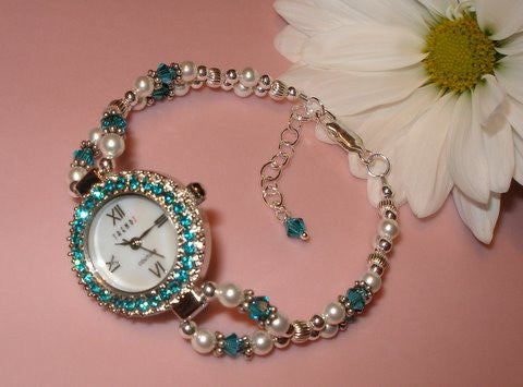 All White Crystal Pearls Rainbow Crystals Beaded Ladies Watch