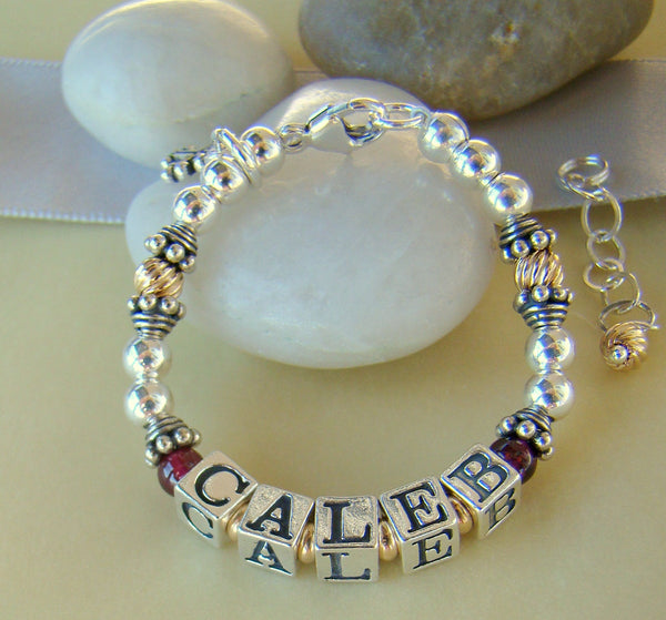 Gold and Silver Two Toned Baptism Birthstone Religious Baptism Custom Baby Name Bracelet