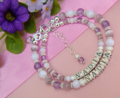 Mother and Daughter Baby Mom Soft Lavender Gemstone Purple Personalized Name Bracelets