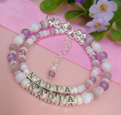 Mother and Daughter Soft Lavender Gemstone Custom Personalized Name Bracelets