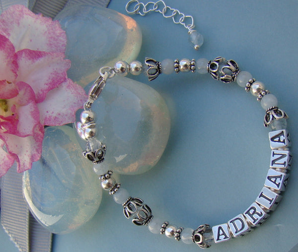 Aquamarine Gemstone March Birthstone Name Bracelet