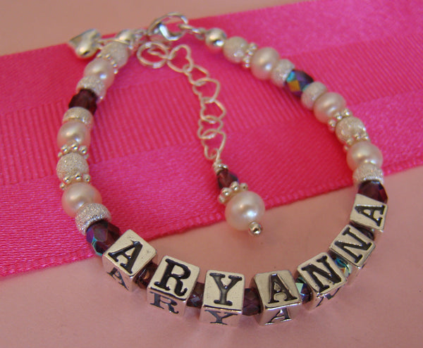 Sparkling Stardust White Pearls Custom Amethyst Birthstone February Name Bracelet