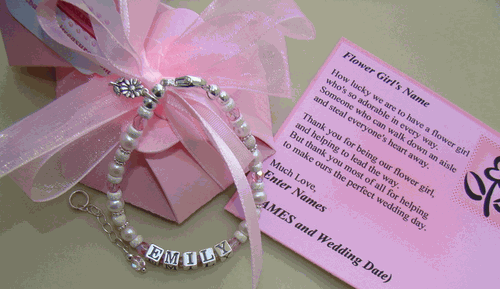 White Pearls Wedding Party Gift Flower Girl Charm Poem Birthstone Name Bracelet