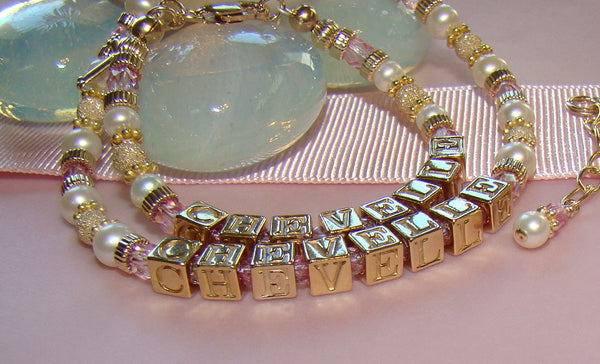 Mother and Daughter All Gold Filled Pearl Birthstone Monogram Initial Christening Bracelets
