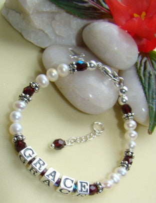 Classic White Pearl Birthstone Name Bracelet with Fire Czech Crystals