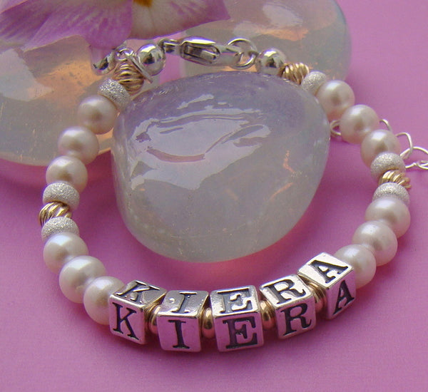 Natural White Pearl Gold Filled Twists and Silver Baby Child Name Bracelet