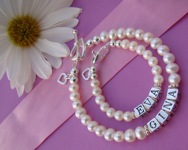 Mother and Daughter Classic White Freshwater Pearls Baby Mom Bracelets Personalized Custom Names