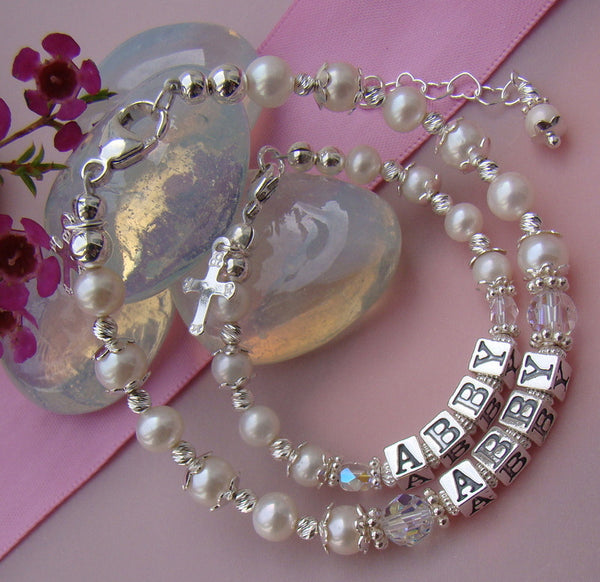 Mother Daughter All White Pearls Sterling Silver Baptism Name Personalized Religious Bracelets
