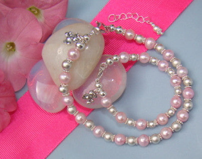 Mother Daughter Pink Pearl Bracelets with Matte Sterling Silver Teddy Bear charms
