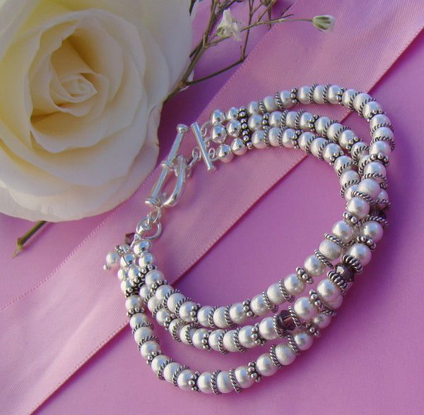 All Silver Pearls Family Triple Multiple Strand Birthstone Bracelet