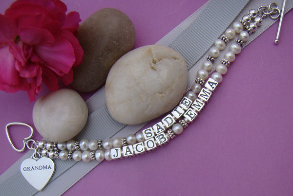 All Pearls Bali Silver Family Name Double Triple Four Five Multiple Strand Bracelet