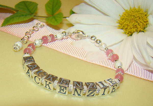 Sterling Silver Little Girls Pink Pretty Name Bracelet