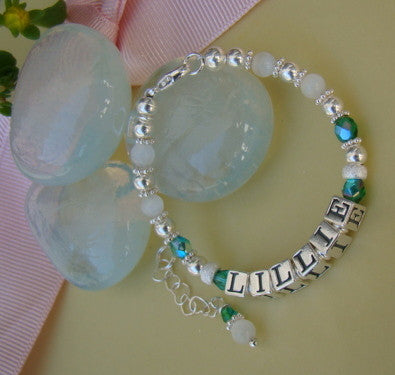 Sparkling White Cats Eye Crystal May Emerald Birthstone Personalized Name Bracelet