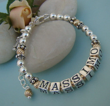 Gold and Silver Two Toned Baptism Scroll Cross Charm Masculine Baby Boy Name Religious Bracelet