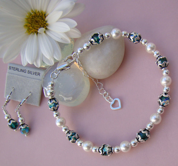 Pearls and Silver Swarovski Crystal Family Birthstone Bracelet