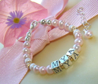Pink Freshwater Pearls and Gold Twists Silver Name Bracelet