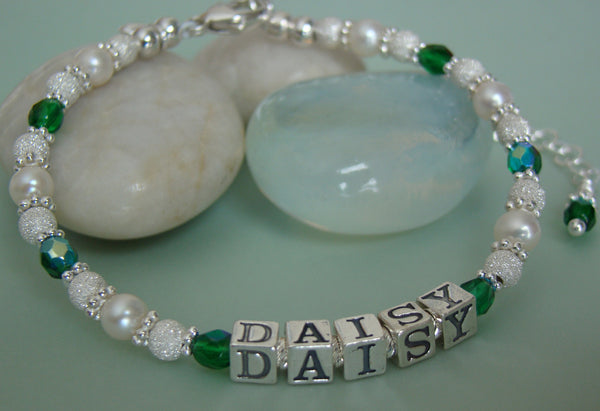 Sparkling White Freshwater Pearls Sterling Silver Emerald May Birthstone Bracelet
