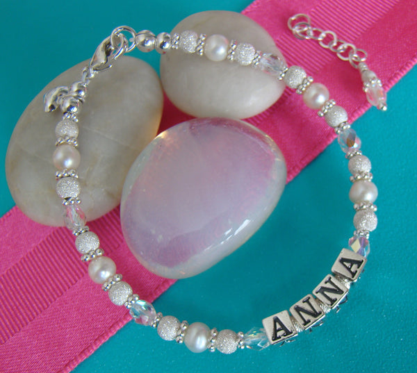 Sparkling White Freshwater Pearls Sterling Silver April Crystal Birthstone Bracelet