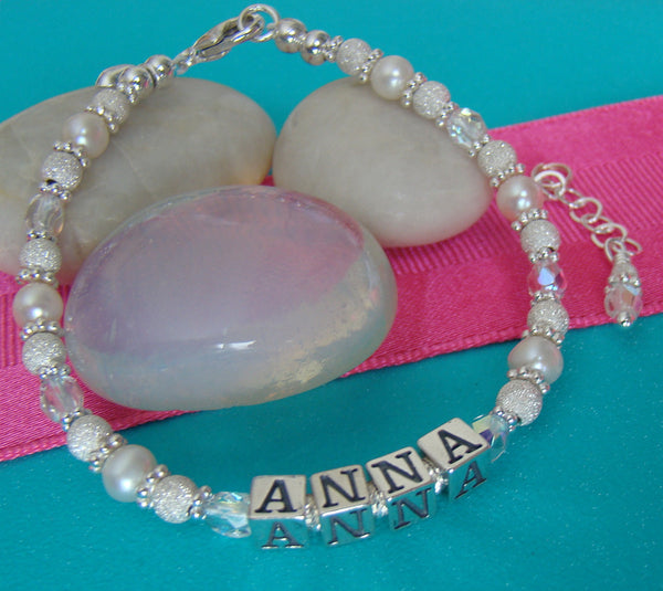 Sparkling White Freshwater Pearls Sterling Silver Crystal April Birthstone Bracelet