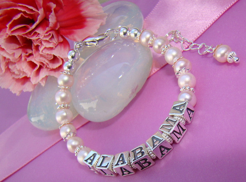 Freshwater Pearls Bright Sparkling Sterling Silver Name Bracelet