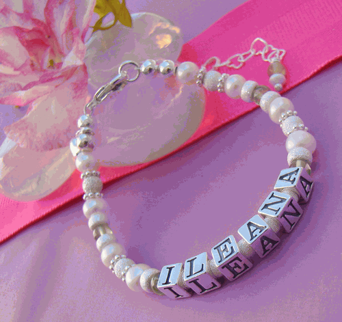 Freshwater White Pearl Peridot Gemstone August Birthstone Baby Child Name Bracelet