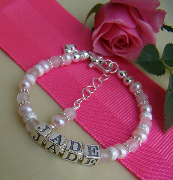Sparkling Stardust Pink Pearl Rose Quartz Gemstone Name Bracelet