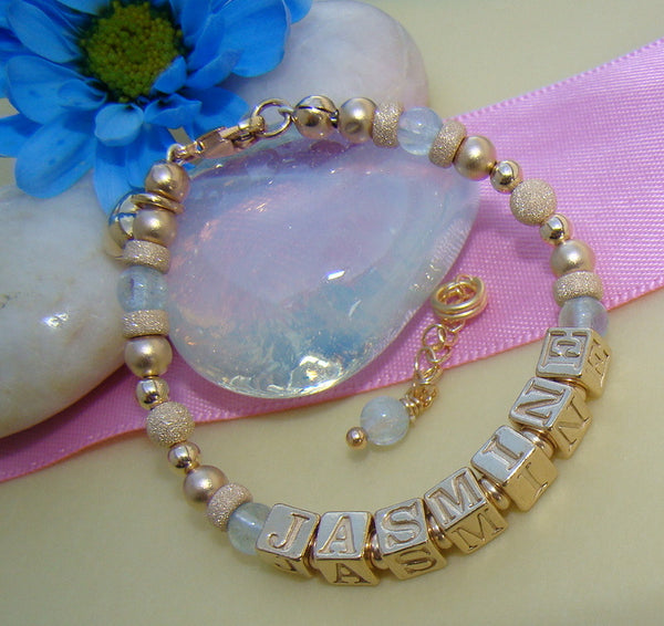 Gold Filled Aquamarine March Gemstone Birthstone Monogram Initial Bracelet