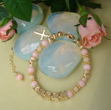 Peachy Pink Coral Gemstone Baptism Gold Filled Single Monogram Bracelet