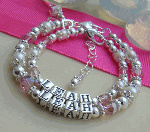 Mother Daughter Matching Sterling Silver Birthstone Custom Personalized Name Bracelet Set